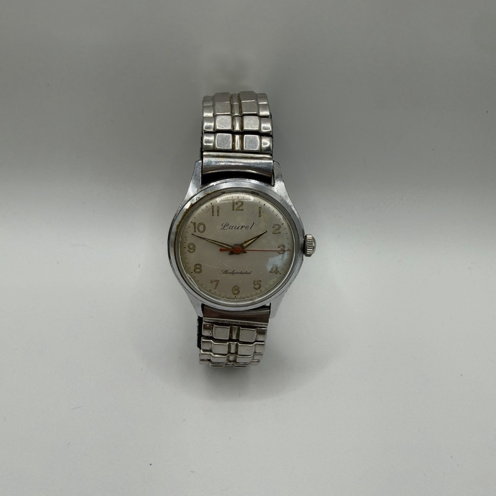 Vintage Laurel Watch Silver Shock protected Wind Up Stretch Band Needs Battery
